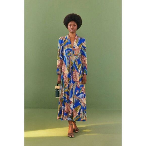 FARM Rio Dresses & Skirts - FARM Rio Blue Macaw Flight Maxi Dress Women's S Festive Colorful Bird Print NWT